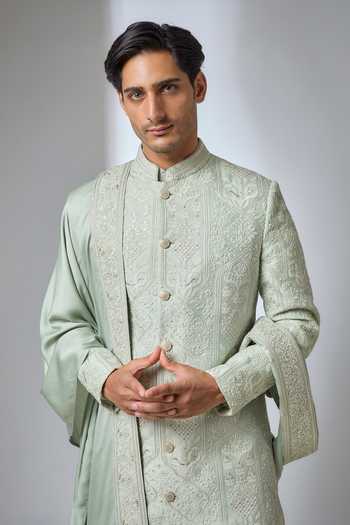 Buy_Salil Bhatia_Green Silk, Chanderi, Modal, Satin Embellished Sherwani Set _Online_at_Aza_Fashions