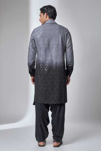 Shop_Salil Bhatia_Black Satin, Modal, Silk Ombre Embroidered Kurta Set _at_Aza_Fashions
