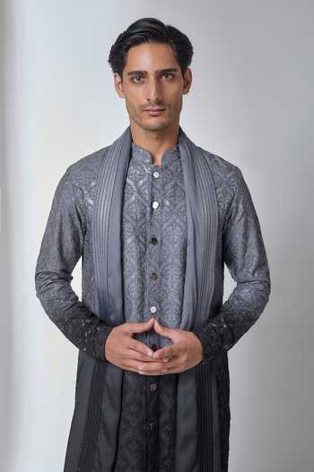 Salil Bhatia_Black Satin, Modal, Silk Ombre Embroidered Kurta Set _Online_at_Aza_Fashions