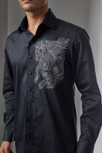 Salil Bhatia_Blue Cotton Majestic Mane Dori Embroidered Shirt _Online_at_Aza_Fashions
