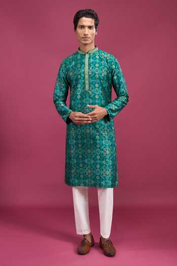 Buy_Aryavir Malhotra_Green Cotton, Polyester Geometric Pattern Kurta And Pyjama Set _at_Aza_Fashions