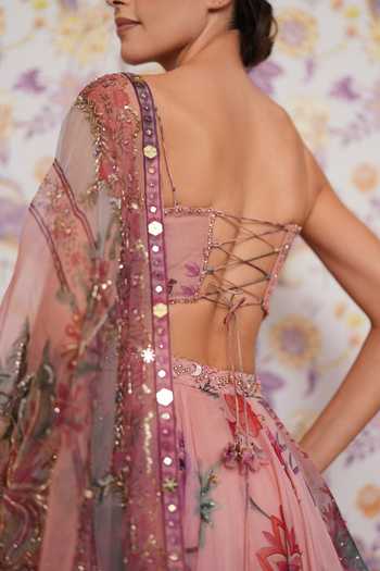 Shop_Mahima Mahajan_Pink Silk Organza Beads, Sequins, Embroidery, Vaani Floral Printed Lehenga Set _at_Aza_Fashions