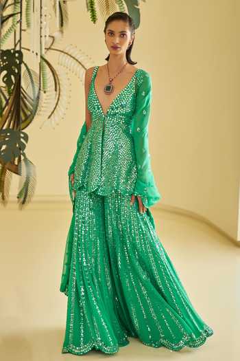 Buy_Seema Gujral_Green Georgette Sequins, Mirrors V-neck Embellished Peplum Kurta Sharara Set _at_Aza_Fashions