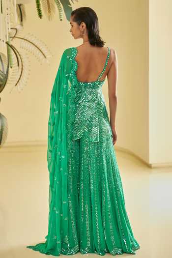 Seema Gujral_Green Georgette Sequins, Mirrors V-neck Embellished Peplum Kurta Sharara Set _Online_at_Aza_Fashions