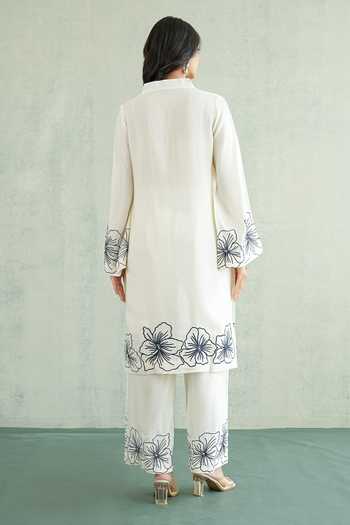 Shop_Masoomm_Off White Shantoon V-neck, Yes Embroidered Bordered Kurta And Pant Set _at_Aza_Fashions