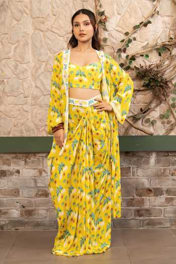 Buy_Senren By Eshana Raut_Yellow Crepe Sweetheart Neck Bohemian Print Cape Skirt Set _at_Aza_Fashions