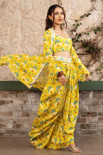 Shop_Senren By Eshana Raut_Yellow Crepe Sweetheart Neck Bohemian Print Cape Skirt Set _Online_at_Aza_Fashions