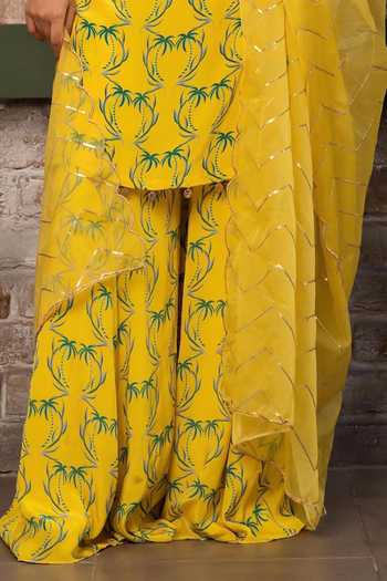 Senren By Eshana Raut_Yellow Crepe, Net Halter Neck, Yes Tropical Print Kurta Sharara Set _Online_at_Aza_Fashions