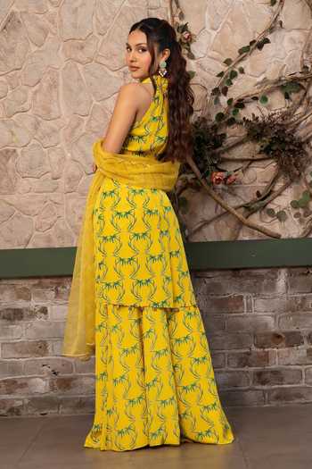 Shop_Senren By Eshana Raut_Yellow Crepe, Net Halter Neck, Yes Tropical Print Kurta Sharara Set _at_Aza_Fashions