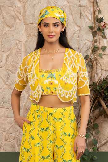 Senren By Eshana Raut_Yellow Crepe Square Neck Embroidered Cape Sharara Set _Online_at_Aza_Fashions
