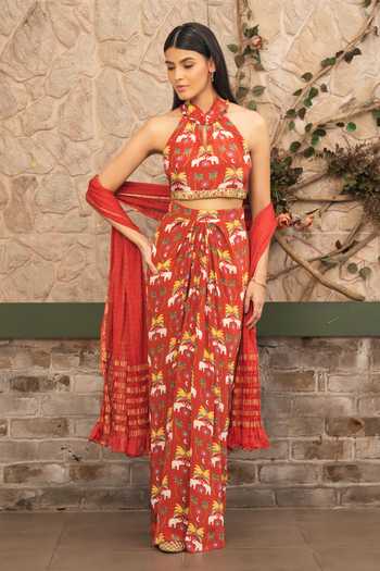 Shop_Senren By Eshana Raut_Maroon Silk, Crepe Embroidery Halter Neck Printed Skirt Set _Online_at_Aza_Fashions