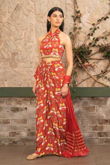 Senren By Eshana Raut_Maroon Silk, Crepe Embroidery Halter Neck Printed Skirt Set _at_Aza_Fashions