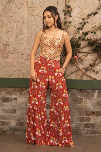 Buy_Senren By Eshana Raut_Maroon Crepe Embroidery, Sequins, Zari Square Neck Hand Corset And Sharara Set _at_Aza_Fashions