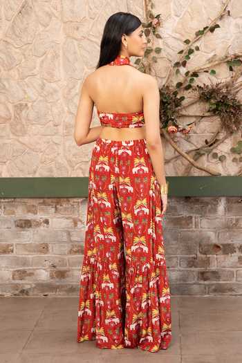 Shop_Senren By Eshana Raut_Maroon Crepe Halter Neck Printed Crop Top And Sharara Set _at_Aza_Fashions