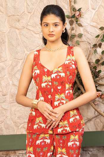 Senren By Eshana Raut_Maroon Crepe Sweetheart Neck Bohemian Print Peplum Top And Pant Set _Online_at_Aza_Fashions