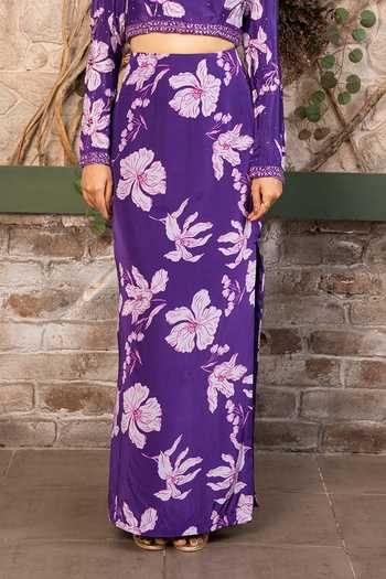 Senren By Eshana Raut_Purple Crepe Round Neck Floral Print Top With Skirt _Online_at_Aza_Fashions