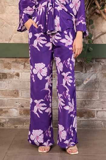 Senren By Eshana Raut_Purple Crepe V-neck Floral Print Top And Pant Set _Online_at_Aza_Fashions
