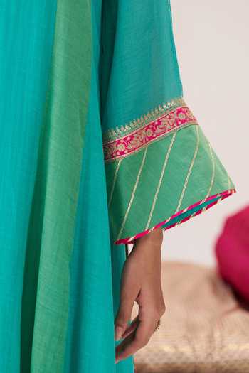 Shop_Almaari By Pooja Patel_Green Chanderi Silk V-neck Ruhani V Kurta Palazzo Set _Online_at_Aza_Fashions