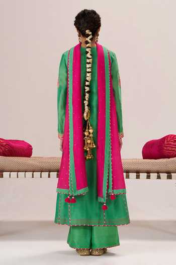 Shop_Almaari By Pooja Patel_Green Chanderi , V-neck, Yes Naaz Panelled Kurta Palazzo Set _at_Aza_Fashions