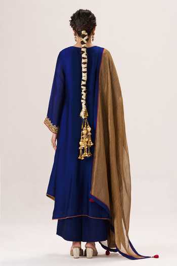 Shop_Almaari By Pooja Patel_Blue Silk, Chanderi Round Neck Zeenat Kurta Set _at_Aza_Fashions