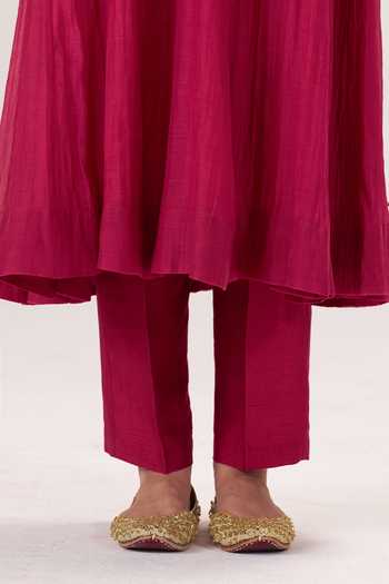 Buy_Almaari By Pooja Patel_Red , Silk Split V-neck Gulnaar Kurta Pant Set _Online_at_Aza_Fashions