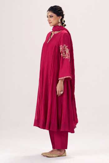 Shop_Almaari By Pooja Patel_Red , Silk Split V-neck Gulnaar Kurta Pant Set _Online_at_Aza_Fashions