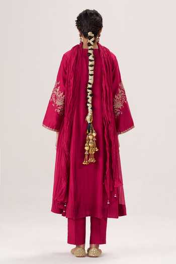 Shop_Almaari By Pooja Patel_Red , Silk Split V-neck Gulnaar Kurta Pant Set _at_Aza_Fashions