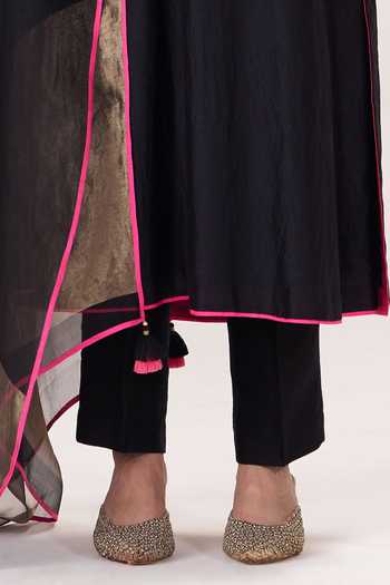 Shop_Almaari By Pooja Patel_Black Silk, Chanderi Silk, Organza Round Neck Leher Embroidered Kurta Set _Online_at_Aza_Fashions