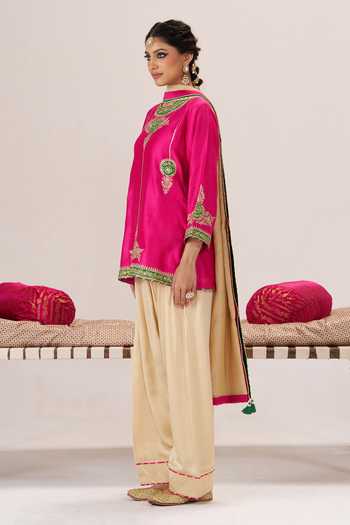Buy_Almaari By Pooja Patel_Pink Chanderi Silk, Satin, Modal, Tissue Round Gulabo Short Kurta Salwar Set _Online_at_Aza_Fashions