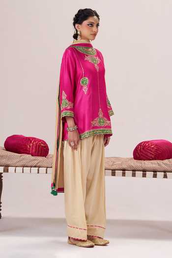 Shop_Almaari By Pooja Patel_Pink Chanderi Silk, Satin, Modal, Tissue Round Gulabo Short Kurta Salwar Set _Online_at_Aza_Fashions