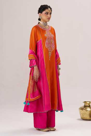 Buy_Almaari By Pooja Patel_Multicolor Chanderi Silk, Silk, Chanderi, Tissue Round Neck, Morni Kurta Palazzo Set _Online_at_Aza_Fashions