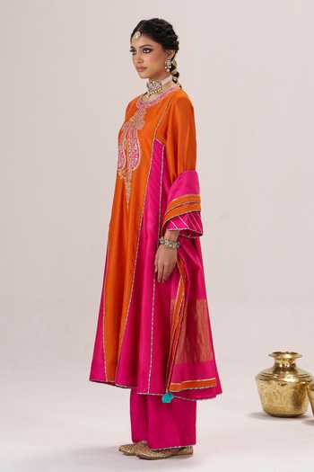 Shop_Almaari By Pooja Patel_Multicolor Chanderi Silk, Silk, Chanderi, Tissue Round Neck, Morni Kurta Palazzo Set _Online_at_Aza_Fashions