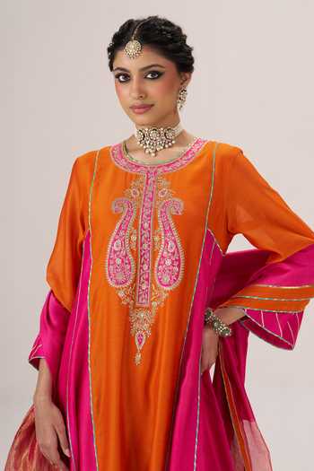 Buy_Almaari By Pooja Patel_Multicolor Chanderi Silk, Silk, Chanderi, Tissue Round Neck, Morni Kurta Palazzo Set 