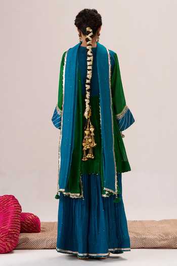 Shop_Almaari By Pooja Patel_Blue V-, Keyhole Raunak Gathered Kurta And Sharara Set _at_Aza_Fashions