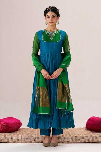 Buy_Almaari By Pooja Patel_Blue Chanderi Silk, Silk, Chanderi, Tissue Round Neck Sohni Anarkali Set _at_Aza_Fashions