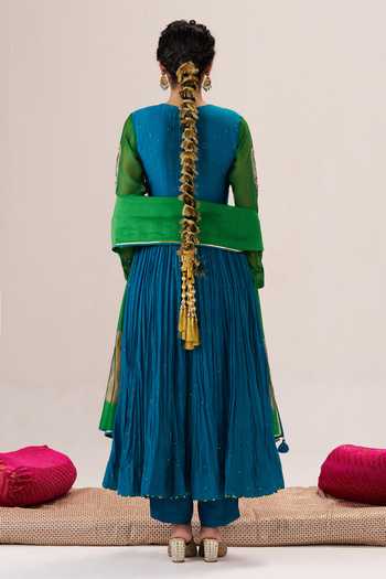 Shop_Almaari By Pooja Patel_Blue Chanderi Silk, Silk, Chanderi, Tissue Round Neck Sohni Anarkali Set _at_Aza_Fashions
