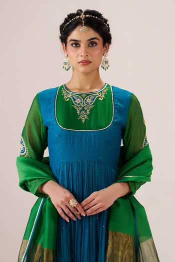 Buy_Almaari By Pooja Patel_Blue Chanderi Silk, Silk, Chanderi, Tissue Round Neck Sohni Anarkali Set _Online_at_Aza_Fashions
