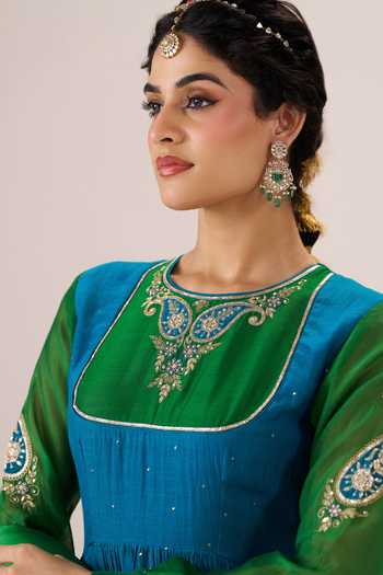 Almaari By Pooja Patel_Blue Chanderi Silk, Silk, Chanderi, Tissue Round Neck Sohni Anarkali Set _at_Aza_Fashions