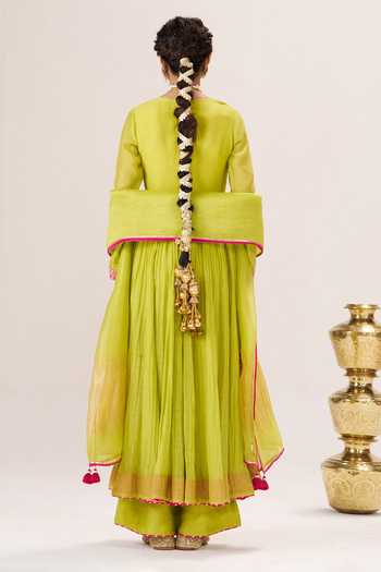 Shop_Almaari By Pooja Patel_Lime Silk, , Silk, Tissue Roop Anarkali Kurta And Pant Set _at_Aza_Fashions