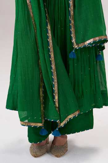 Shop_Almaari By Pooja Patel_Green Silk, Chanderi V-neck Zoya Anarkali Set _Online_at_Aza_Fashions