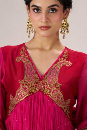 Almaari By Pooja Patel_Pink Chanderi , V-neck Zoya Anarkali Set _at_Aza_Fashions
