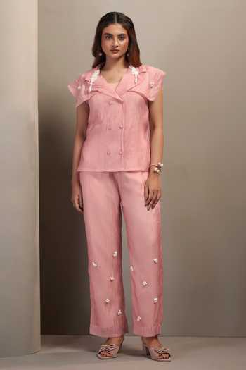 Buy_Savaaya_Pink Tissue Collared Neck Gleam Handwork Top And Pant Set _at_Aza_Fashions