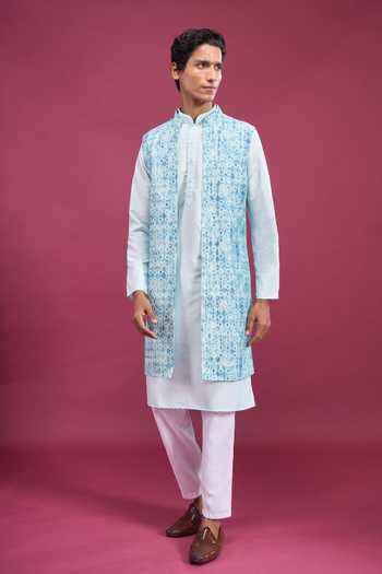 Buy_Aryavir Malhotra_Blue Polyester, Cotton Printed Bundi And Kurta Set _Online