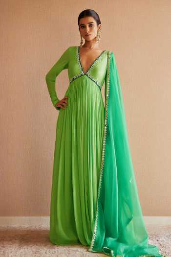 Buy_Harshita Singhvi_Green Chiffon, Organza Cut Work, Mirrors Embroidered Anarkali With Dupatta _at_Aza_Fashions