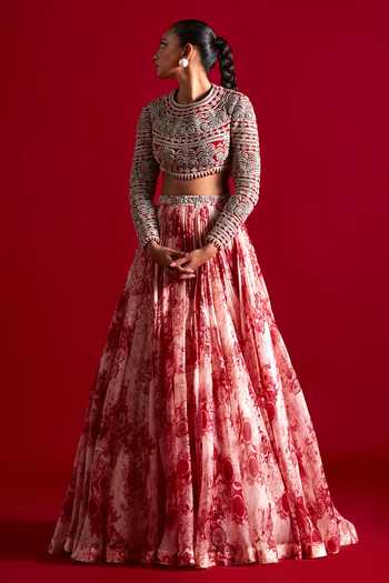 Buy_Bhumika Sharma_Pink Organza, Georgette Embroidery Round Neck Blossom Print Skirt And Blouse Set _Online_at_Aza_Fashions
