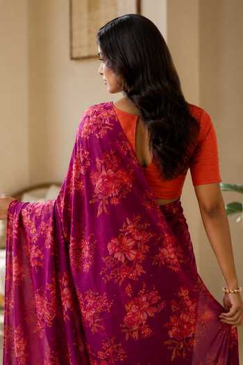 Shop_Jhambthreads_Pink Silk, Modal, Dupion Floral Pattern Saree With Unstitched Blouse Fabric _at_Aza_Fashions