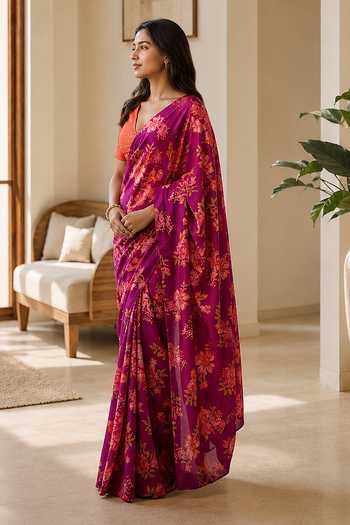 Buy_Jhambthreads_Pink Silk, Modal, Dupion Floral Pattern Saree With Unstitched Blouse Fabric _Online_at_Aza_Fashions
