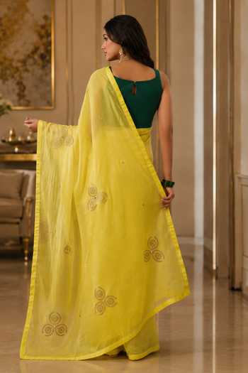 Shop_Jhambthreads_Lime Silk, Cotton, Chanderi, Jacquard Saree With Unstitched Blouse Fabric _at_Aza_Fashions