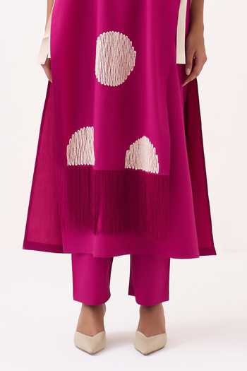 Three_Pink Poplin Fringe Round Neck Kurta Set With Overlay _Online_at_Aza_Fashions