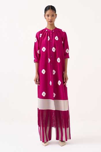 Three_Pink Chanderi, Poplin Round Neck Top And Pant Set _Online_at_Aza_Fashions